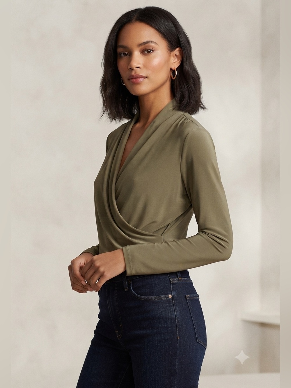 DKNY Olive Green Surplice Crossfront Long Sleeve Knit Top Size L - Picture 3 of 12